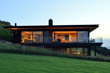 Fototapeta premium Modern hillside home at dusk, warm interior lights glow.