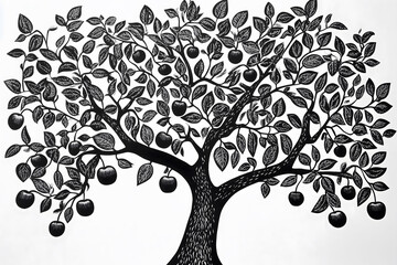 Artistic drawing of a black colored apple tree on a white background