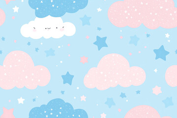 Cute children's pattern with clouds and stars in soft pastel shades of blue and pink, textures, patterns