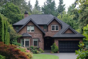 Brick house with dark roof and lush landscaping