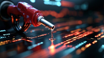 Fueling Innovation: Close-up of a Red Gas Pump Nozzle Dripping Fuel with Abstract Digital Background
