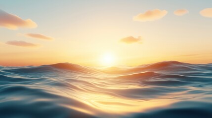 A serene seascape showcasing gentle waves under a vibrant sunset, with soft clouds scattered in the sky.