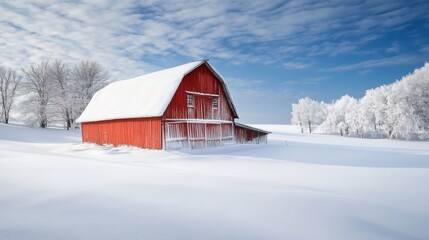 Winter landscape with a snow-covered barn. Featuring a serene and picturesque scene of a barn surrounded by a snowy landscape. Highlighting tranquility and natural beauty.