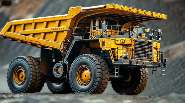 The yellow dump truck model rests on gravelly ground, highlighting its size and intricate details. The rocky backdrop emphasizes its purpose in construction and mining environments.