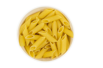 Uncooked dry penne in white ceramic bowl, isolated on an white background, top view. penne , pasta for cooking.
