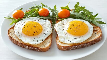 Delicious breakfast plate with fried eggs on toast and fresh greens garnished with cherry tomatoes and herbs