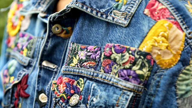 A patchwork denim jacket made from upcycled vintage fabrics with bright accents and patterns. A recycled clothing design close-up.