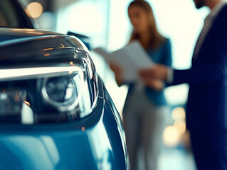 Close-up of a blue car in a dealership while a salesperson and a customer discuss paperwork in the background. The scene represents car sales, negotiation, and decision-making. 