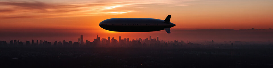 Airship over Cityscape at Sunset