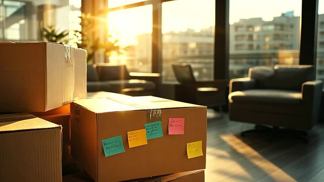 A living room filled with stacked cardboard boxes labeled with colorful sticky notes, sunlight streaming through large windows onto the chaos of moving day.