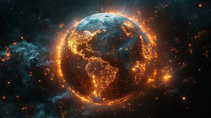 Obraz premium Digital Planet in Green Light – An image of the globe surrounded by a network of bright green lines, symbolizing digital communications and future technologies..