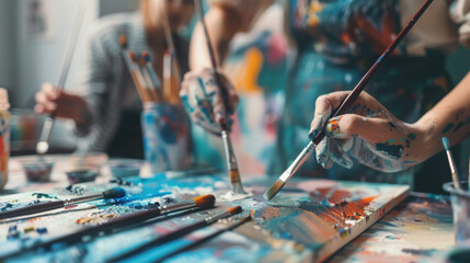 Obraz premium People expressing themselves doing art during an art therapy workshop, with paints, brushes, canvases. Therapeutic benefits of creativity and self-expression in mental health and emotional well-being.