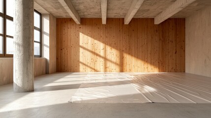 Bright and Spacious Empty Room with Wooden Wall and Natural Light Streaming Through Large Windows