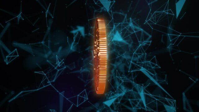 3d animation of a cryptocurrency Bitcoin surrounded by digital financial network