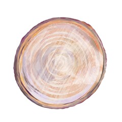 Flat Wooden Cutting Board, Wood Circular Slice With A Linear Grain Design for Carving, Beige Hue, Watercolor Illustration On A White Background