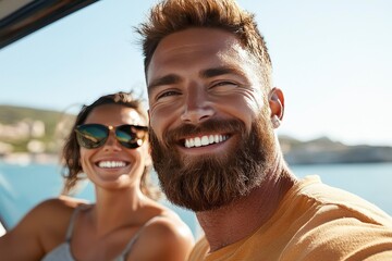 Obraz premium Happy Couple Smiling Together on a Sunny Day Near Water with Blue Sky and Green Landscape in the Background