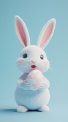 Obraz premium A delightful bunny with soft, white fur cheerfully holds a pastel pink Easter egg adorned with white polka dots