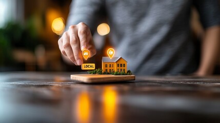Hand placing local sign on model house with location markers showcasing community engagement and business support