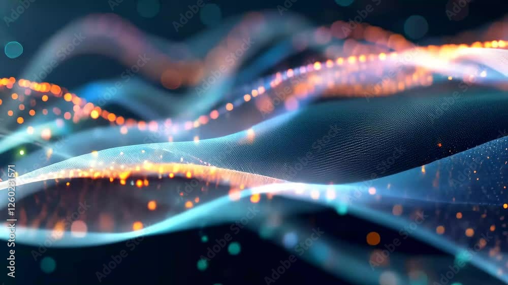Poster colorful digital waves undulate with glowing particles against a dark background, creating a captiva