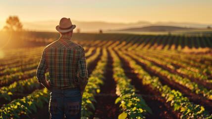 Fototapeta premium farmer observing rows of crops at sunset