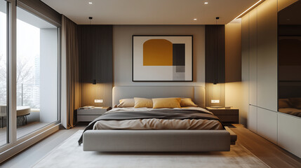 A modern bedroom interior in light gray and mustard colors featuring a minimalist style. The bed has a soft headboard and the walls include built-in cabinets.