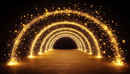 a golden tunnel with light particles on a black background, glowing dots in the air forming arches and lines.
