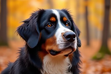 Close-up of a Bernese Mountain Dog in Autumnal Forest Setting