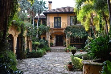 Mediterranean-style house with lush gardens.