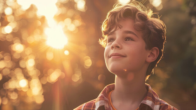 teenage boy smiling in sunlight with dreamy expression