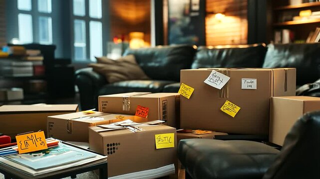 In a cozy living room with scattered cushions, piles of labeled cardboard boxes and sticky notes showcase the excitement and hustle of moving day.