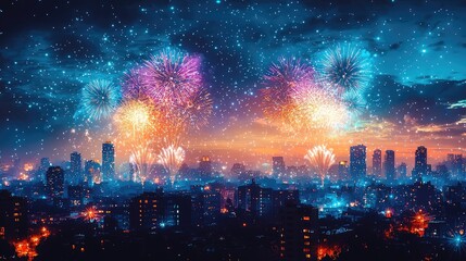 Fototapeta premium Festive Fireworks Display Over City Skyline at Night