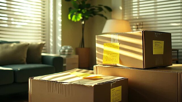 Sticky notes flutter slightly on labeled cardboard boxes in a breezy living room, reflecting the dynamic energy of moving day preparations.