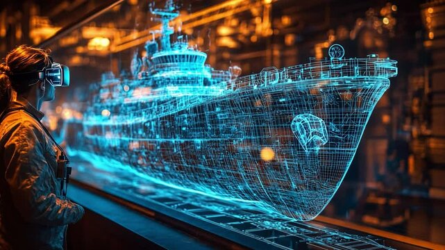Naval Architect Envisioning Future: A naval architect, immersed in virtual reality, examines a holographic blueprint of a ship within a high-tech industrial setting.