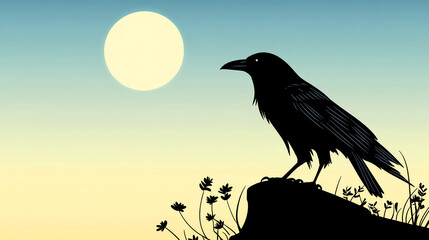 Fototapeta premium A black crow perched on the edge of an evening hill, silhouetted against a full moon in the sky, illustrated in a flat vector style with minimalistic design elements and bold colors. The background 