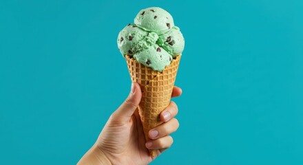 Hand holding mint chocolate chip ice cream cone against blue background