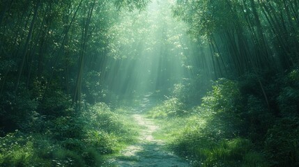 Obraz premium Misty bamboo forest path bathed in sunlight