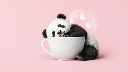 A tiny sleepy panda resting inside a teacup, with steam forming soft heart shapes against a pastel pink background
