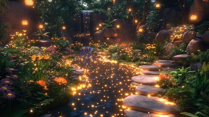 Magical enchanted forest path with waterfall and glowing lights. Use wallpaper or background