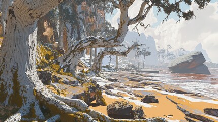 Serene coastal landscape with ancient trees tranquil beach digital art natural environment wide angle nature's beauty