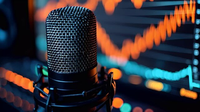 Studio microphone, financial chart background, podcast recording, audio broadcasting