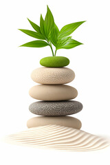 Obraz premium Zen Stones Stacked with Green Plant on a Sandbed, Promoting Balance and Growth