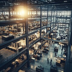 Warehouse operations and management urban center industrial environment aerial view efficiency...