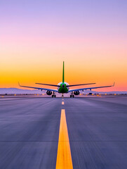 Airplane on runway taking off at dusk for travel. Transportation concept