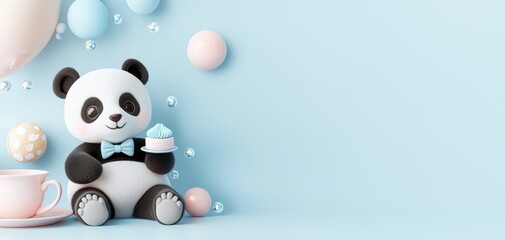 Obraz premium A tiny panda wearing a tiny bowtie, sitting at a tea party with pastel-colored teacups, tiny cakes, and floating sparkles