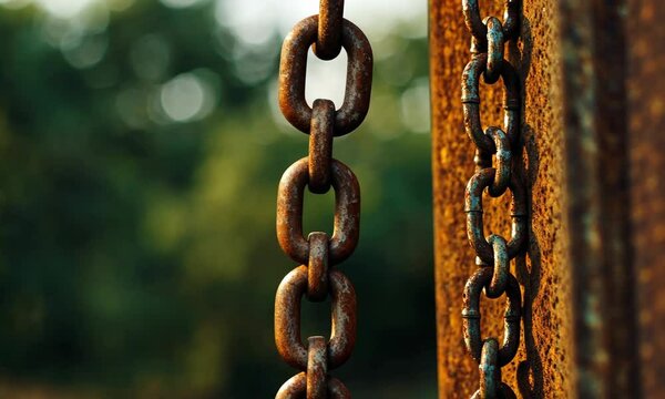 An artistic close-up of rusty chains against a blurred natural backdrop, symbolizing strength, resilience, and the passage of time captured in an artistic moment.