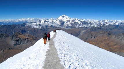 Obraz premium Hiking adventure on snowy mountain summit andes travel photography clear skies panoramic view