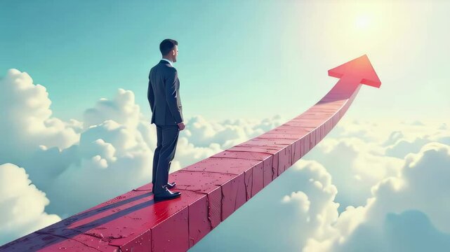 Asian male adult in business suit standing on arrow path above clouds toward rising sun.