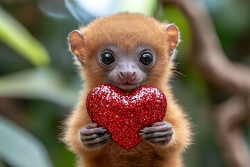 Fototapeta premium Ad animal pattern. Cute kinkajou baby with sparkling rhinestones red heart on in a natural habitat. Kinkajou - my cherished animal. Animals showing affection. Cute lovebirds in the wild.