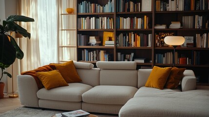 Modern Living Room Interior Design with Bookshelves and Comfortable Sectional Sofa