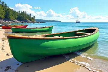 Fototapeta premium Colorful Canoes on Sandy Beach by the Ocean